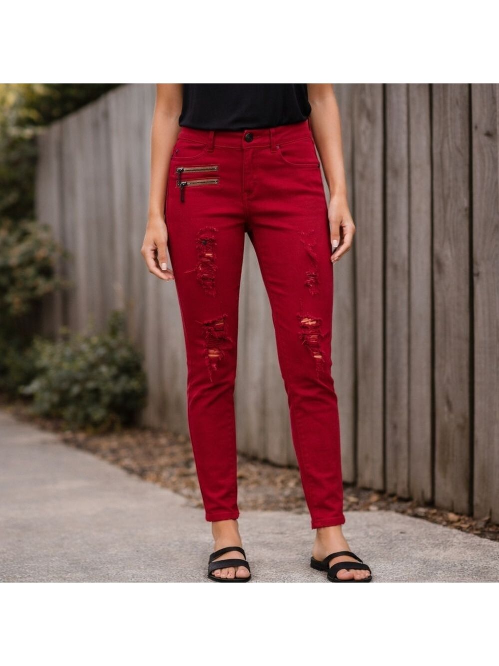 Y2K Red Distressed Skinny Jeans Zipper Detail Emo Alt Size 28